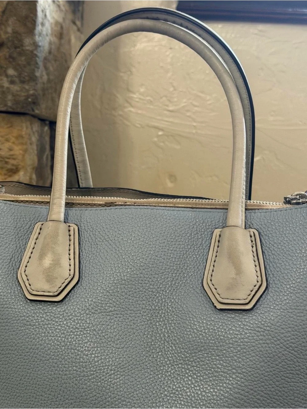 Michael Kors Pale Blue Leather Crossbody Tote with Cream Trim